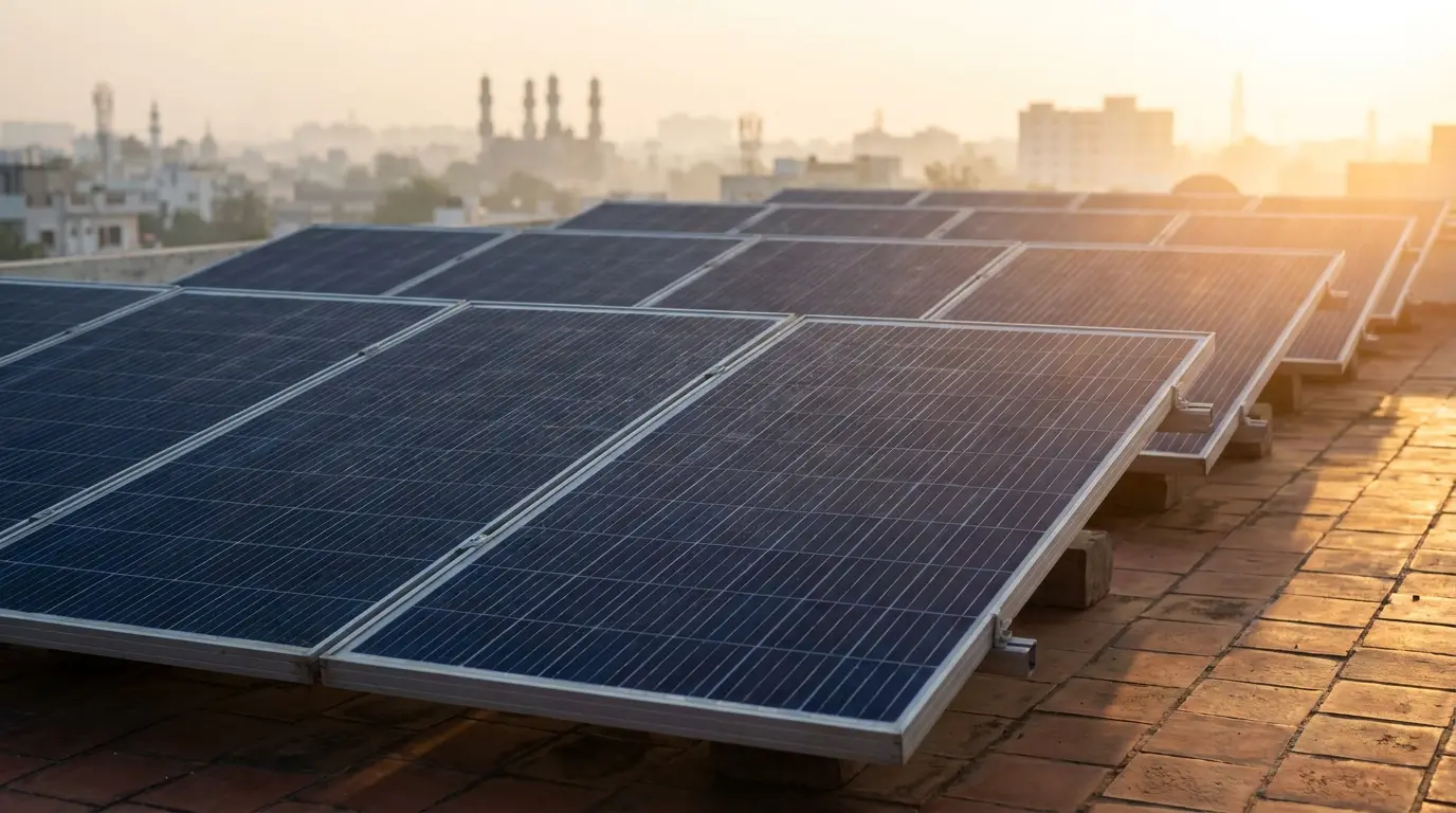 Rooftop solar panels at sunrise with the Hyderabad skyline in the background