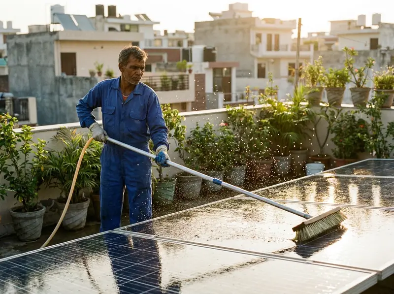 Technician cleaning rooftop solar panels with a soft brush